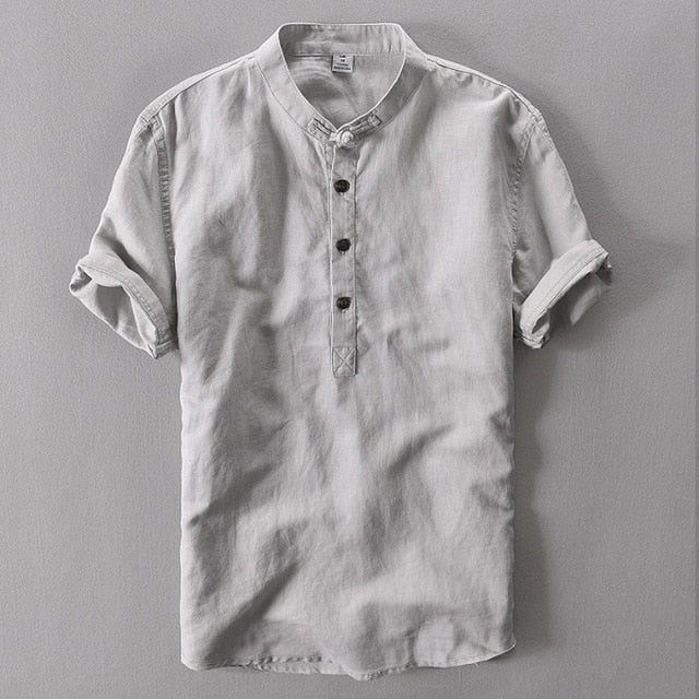 Mens Shirts Fashion Summer Short Sleeve Slim Linen Shirts Male White Color Casual Shirts