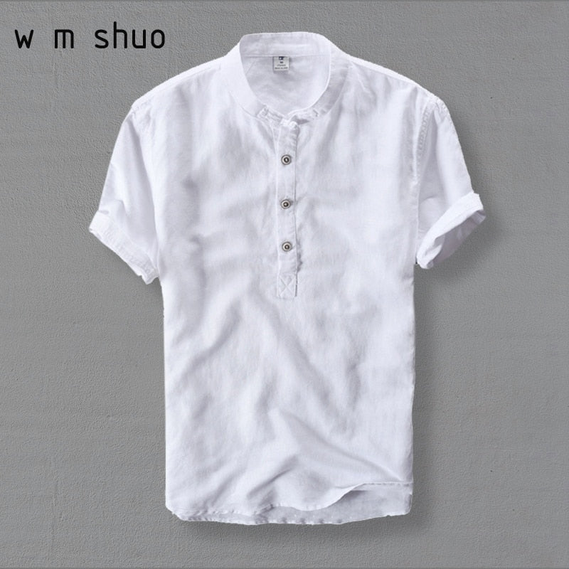Mens Shirts Fashion Summer Short Sleeve Slim Linen Shirts Male White Color Casual Shirts