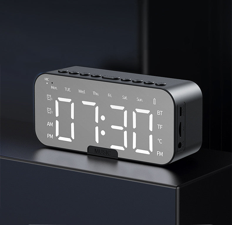 Bluetooth Speaker With Large LED Mirror Screen Digital Alarm Clock With Fm Radio Phone Stand Temperature Suitable For Bedroom Office