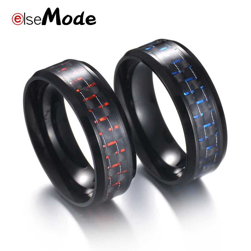 Titanium Steel Black Carbon Fiber Mens Cool Rings Red Blue Ring Anel Masculino Jewelry
