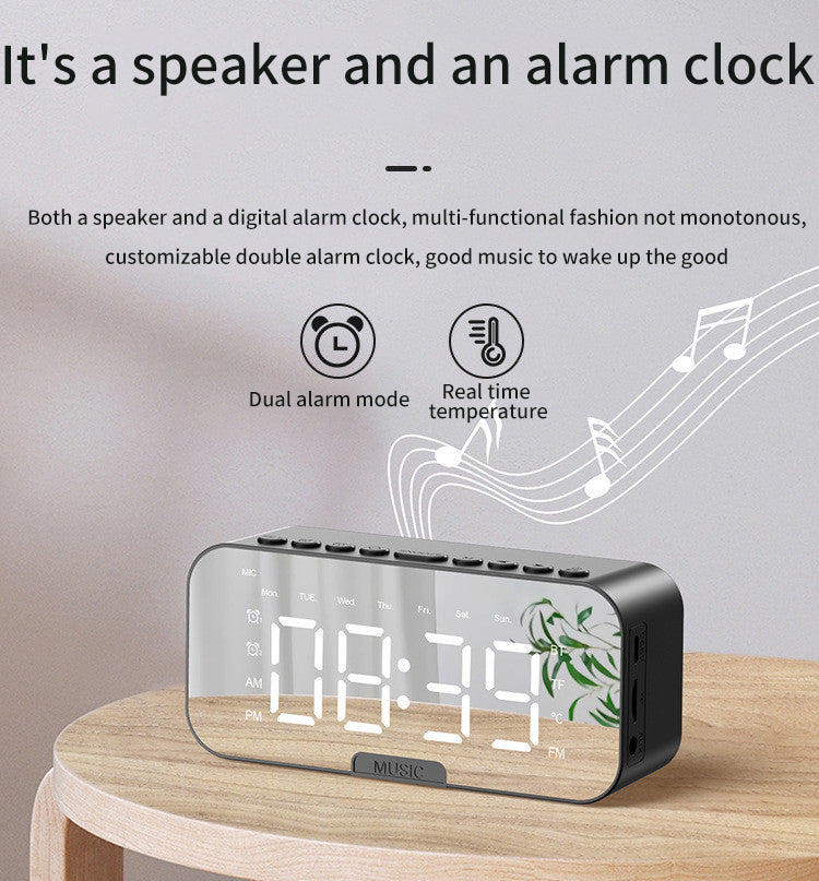 Bluetooth Speaker With Large LED Mirror Screen Digital Alarm Clock With Fm Radio Phone Stand Temperature Suitable For Bedroom Office