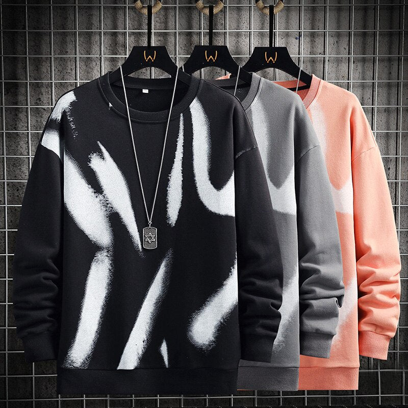 Sping Street Print Sweatshirt Mens Casual Pullover Harajuku Korean Fashion Sweatshirt Men Hip Hop Hoodies Streetwear