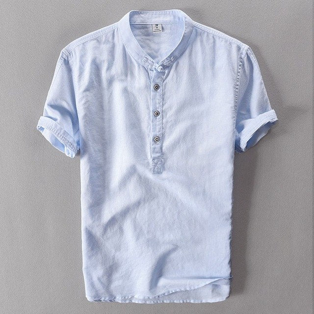 Mens Shirts Fashion Summer Short Sleeve Slim Linen Shirts Male White Color Casual Shirts