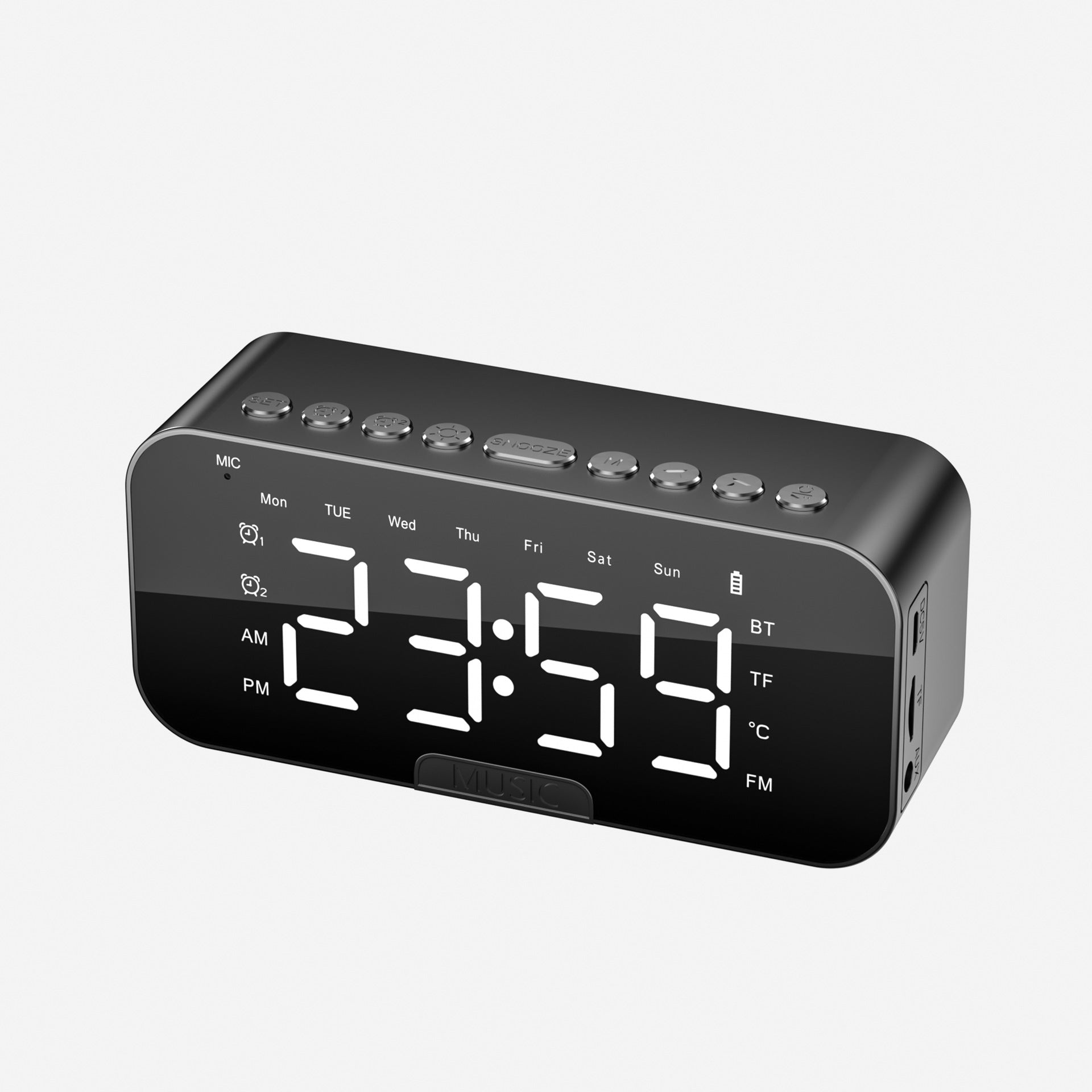 Bluetooth Speaker With Large LED Mirror Screen Digital Alarm Clock With Fm Radio Phone Stand Temperature Suitable For Bedroom Office
