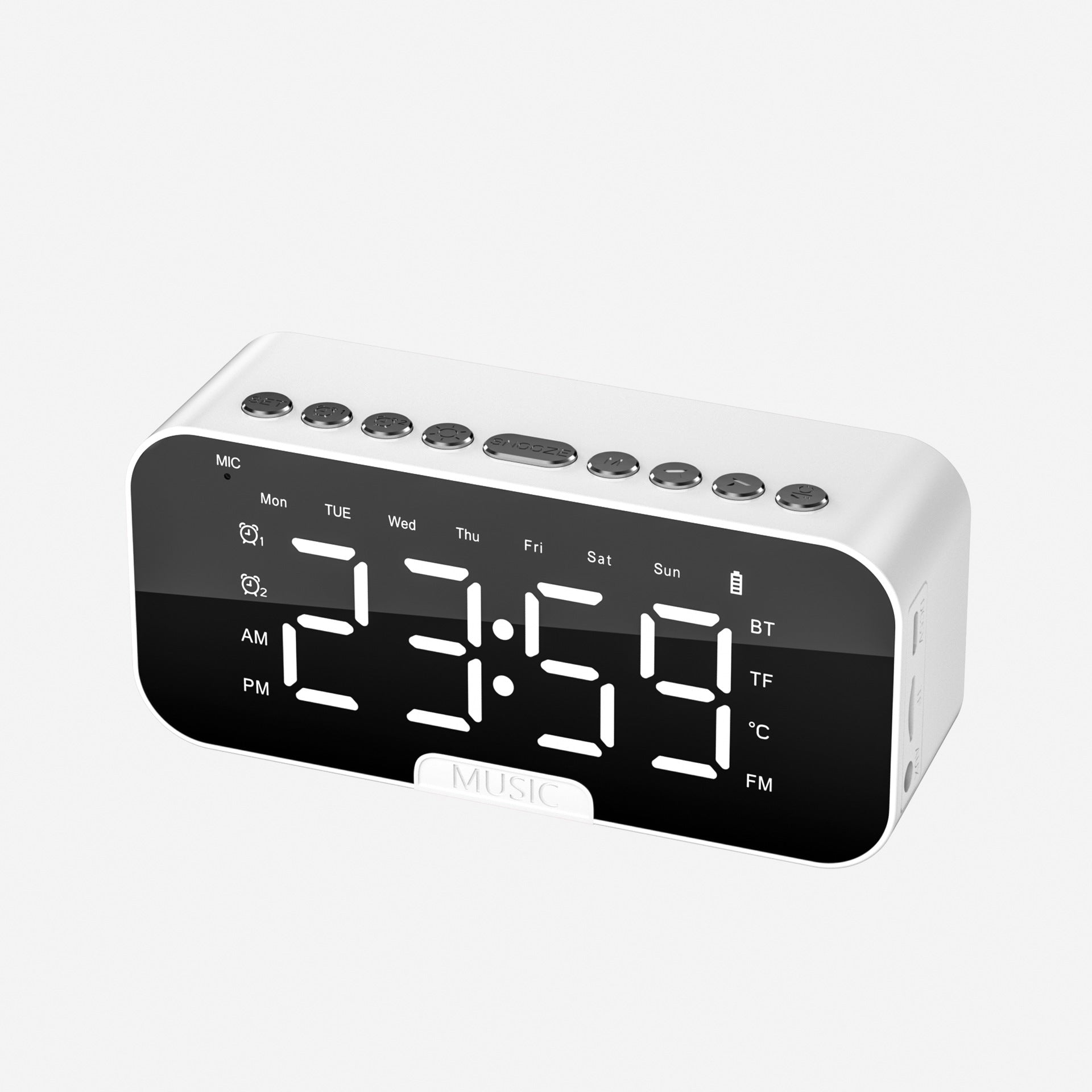 Bluetooth Speaker With Large LED Mirror Screen Digital Alarm Clock With Fm Radio Phone Stand Temperature Suitable For Bedroom Office