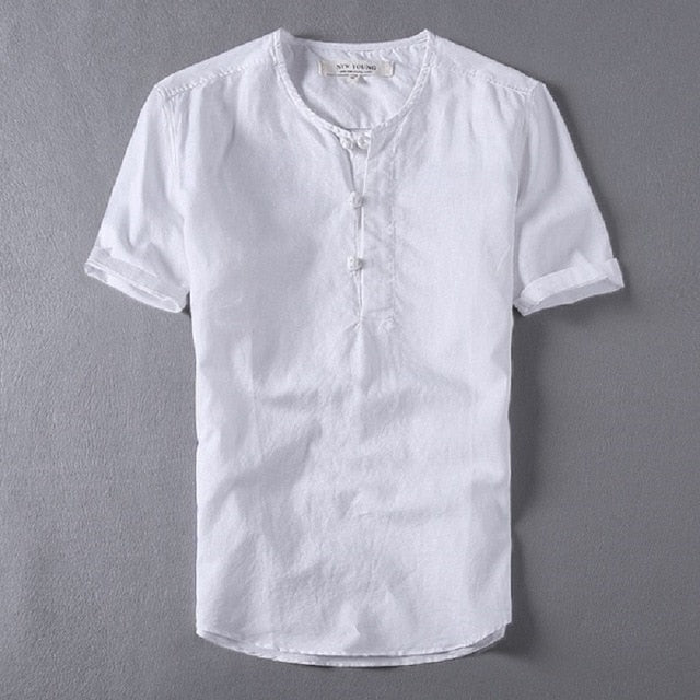 Mens Shirts Fashion Summer Short Sleeve Slim Linen Shirts Male White Color Casual Shirts