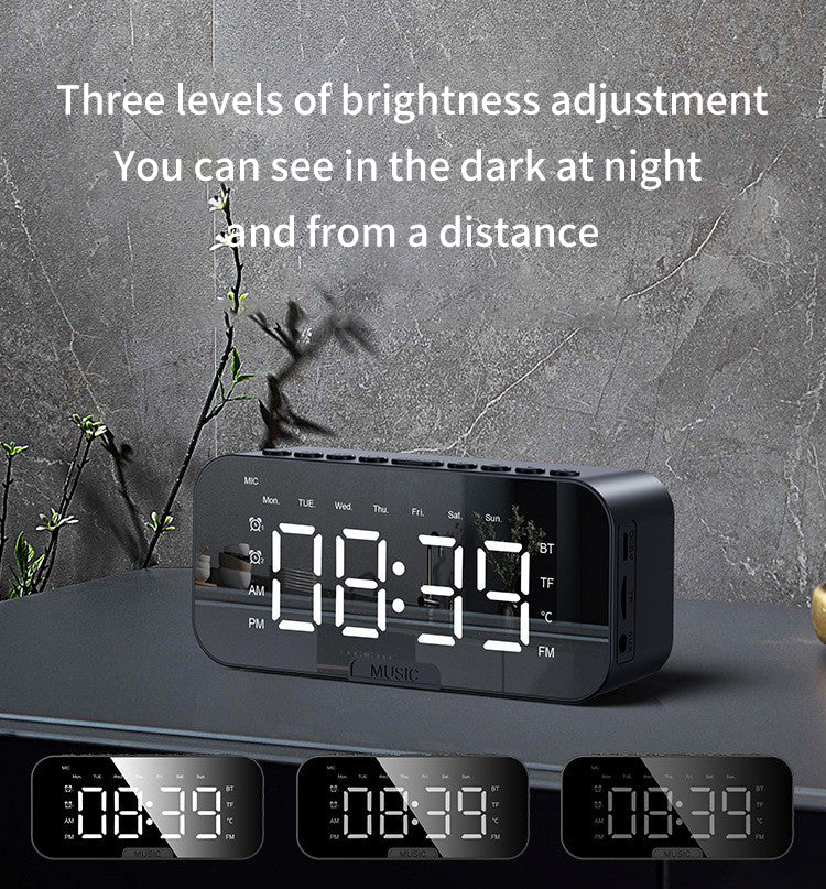 Bluetooth Speaker With Large LED Mirror Screen Digital Alarm Clock With Fm Radio Phone Stand Temperature Suitable For Bedroom Office