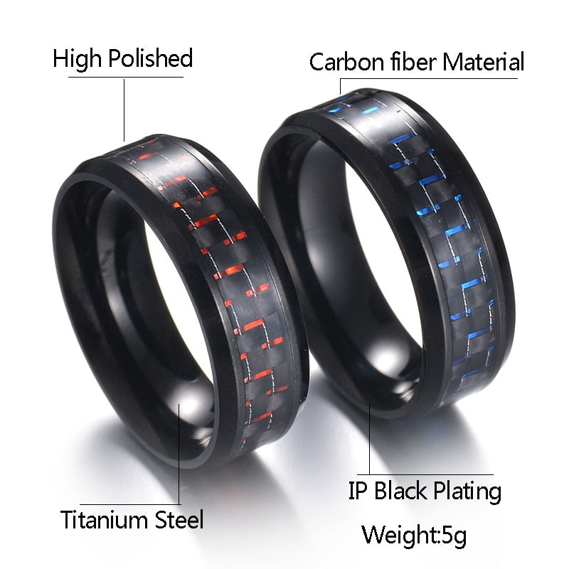Titanium Steel Black Carbon Fiber Mens Cool Rings Red Blue Ring Anel Masculino Jewelry