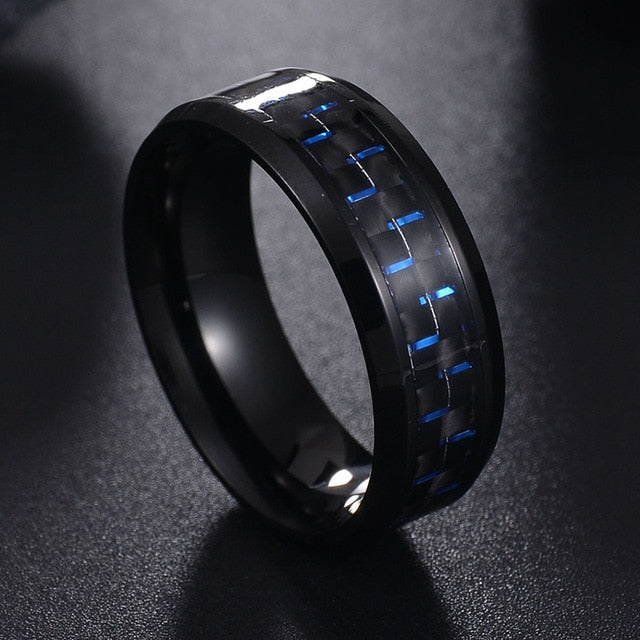 Titanium Steel Black Carbon Fiber Mens Cool Rings Red Blue Ring Anel Masculino Jewelry
