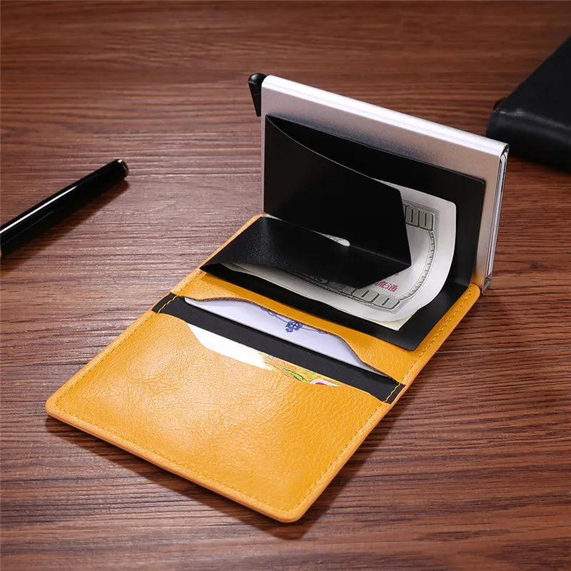 Metal Men Card Holder RFID Aluminium Alloy Credit Card Holder PU Leather Wallet Antitheft Men Wallets Automatic Pop Up Card Case
